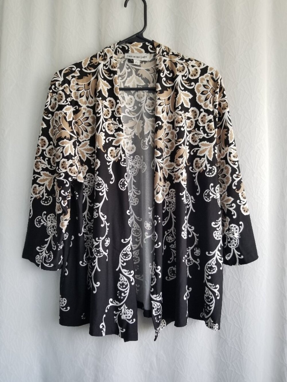 Southern Lady Open Front Blouse black Beige Floral 3/4 Sleeves Large